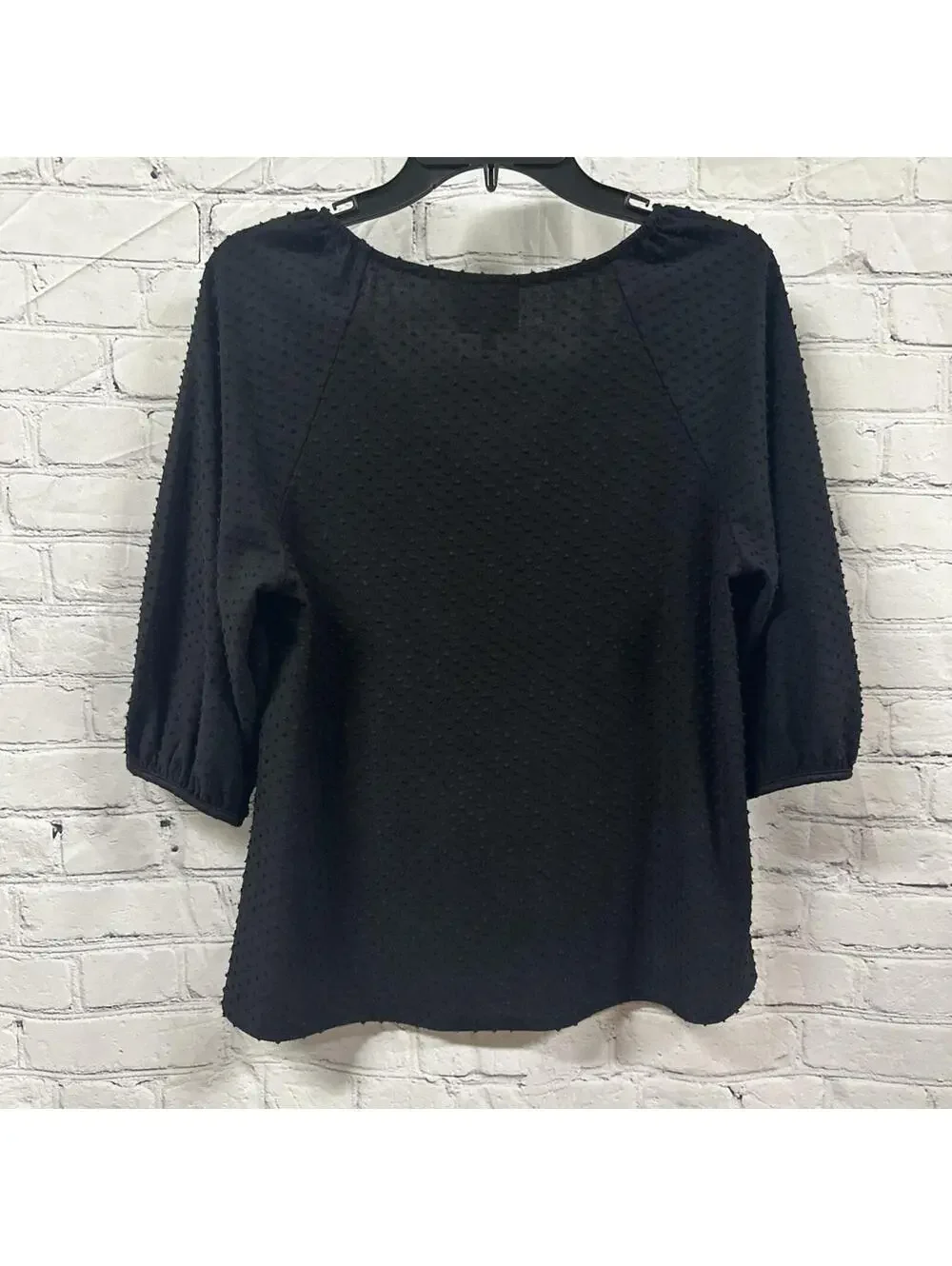 W5 Black Boho Textured Dotted Fabric button-down 3/4 Puff Sleeve Blouse M